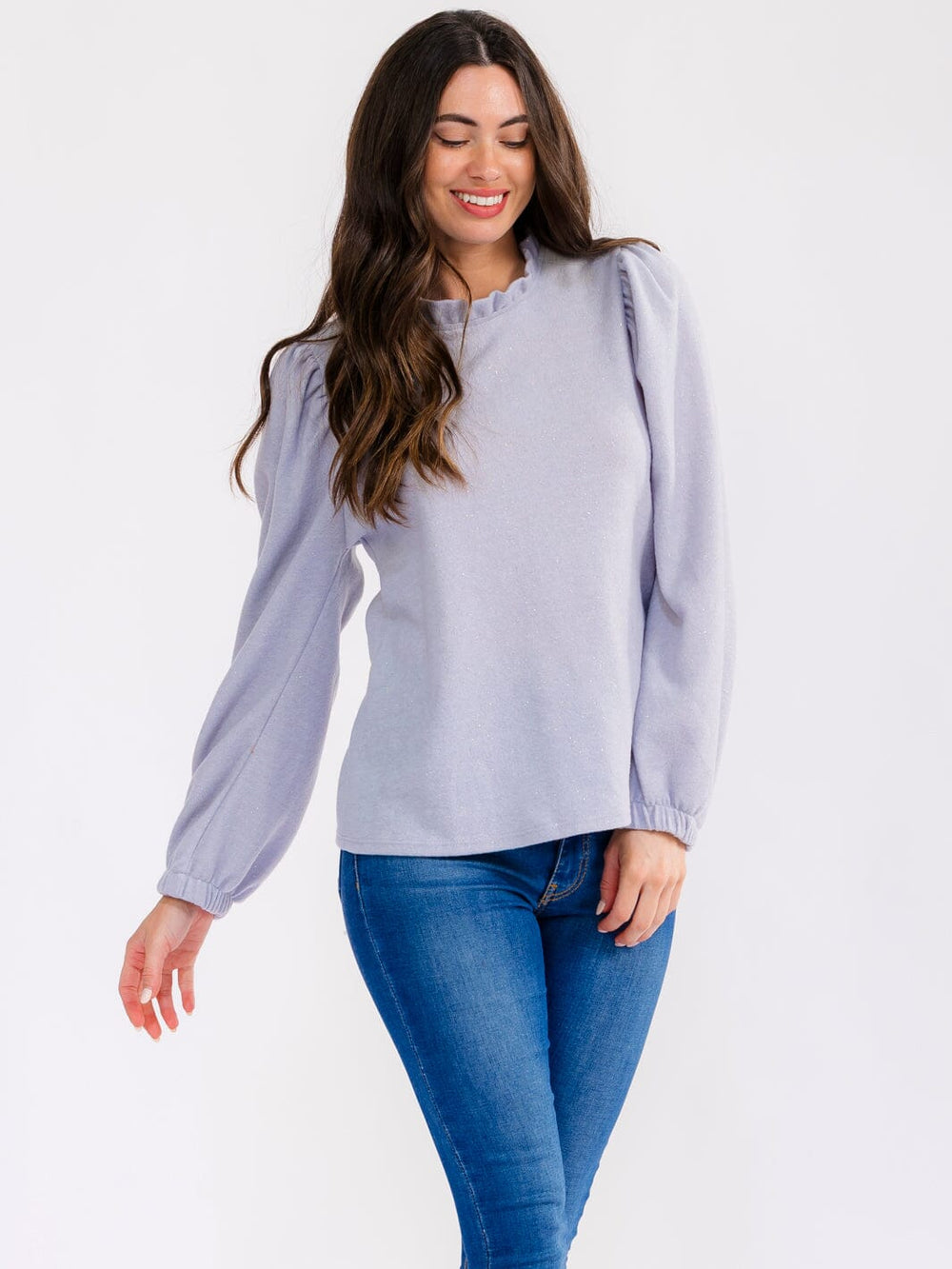 WOMEN'S LONG PUFF SLEEVE RUFFLE NECK SHIMMER BLOUSE