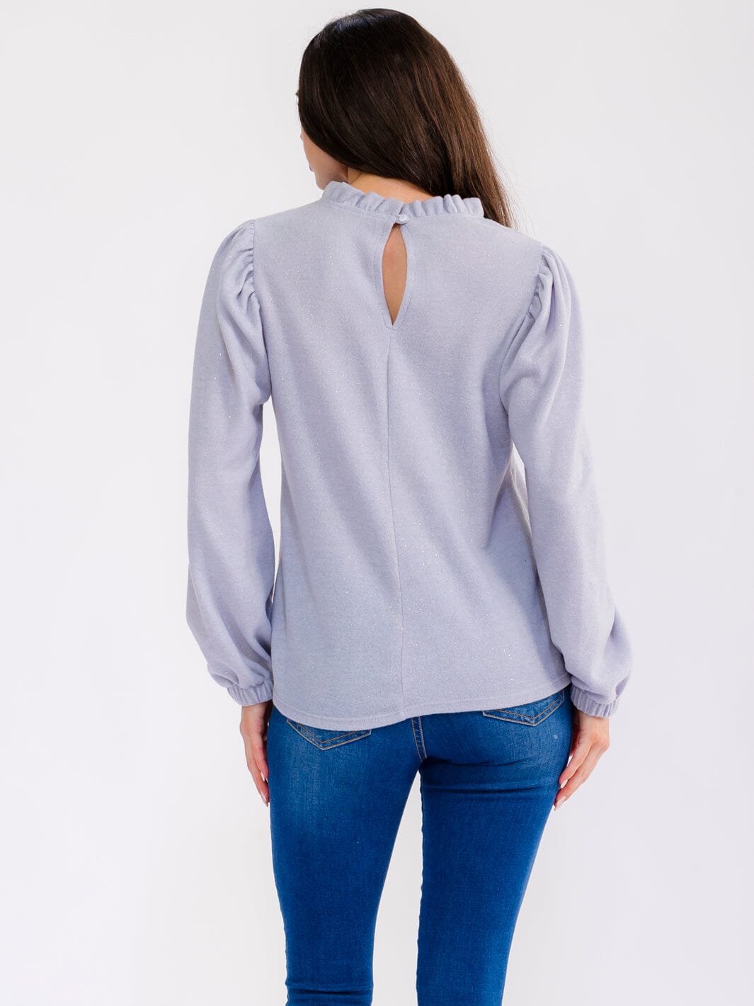 WOMEN'S LONG PUFF SLEEVE RUFFLE NECK SHIMMER BLOUSE