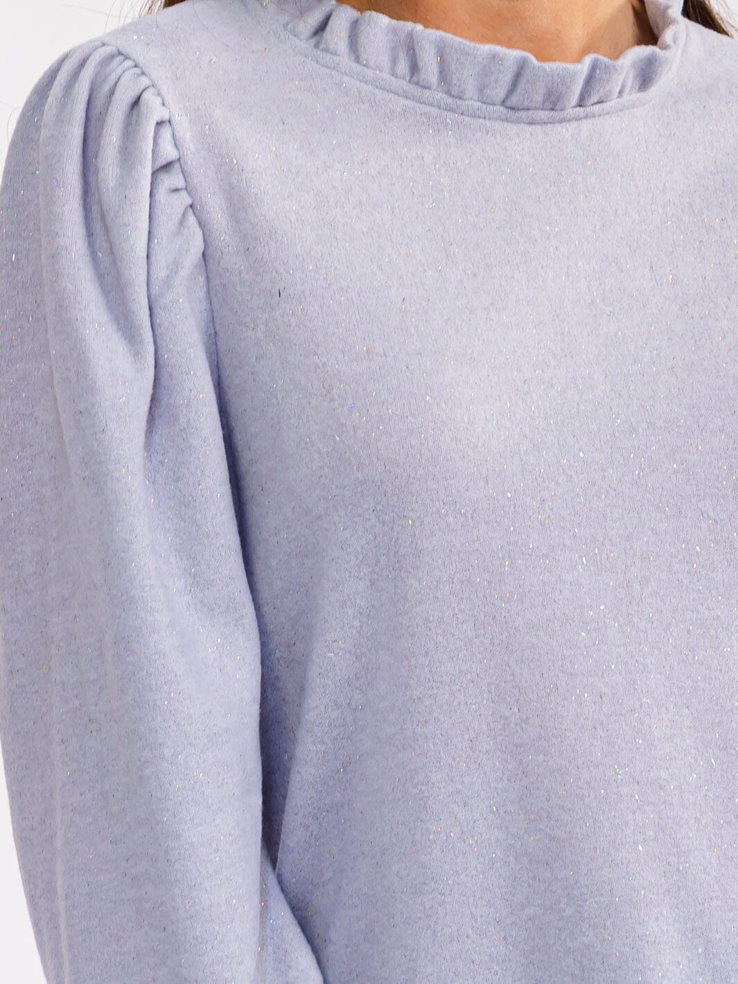 WOMEN'S LONG PUFF SLEEVE RUFFLE NECK SHIMMER BLOUSE