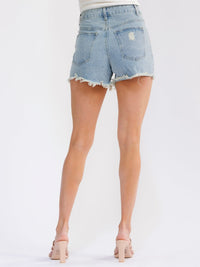 WOMEN'S BUTTON CLOSURE POCKETS RAW EDGE DENIM MINI SHORTS