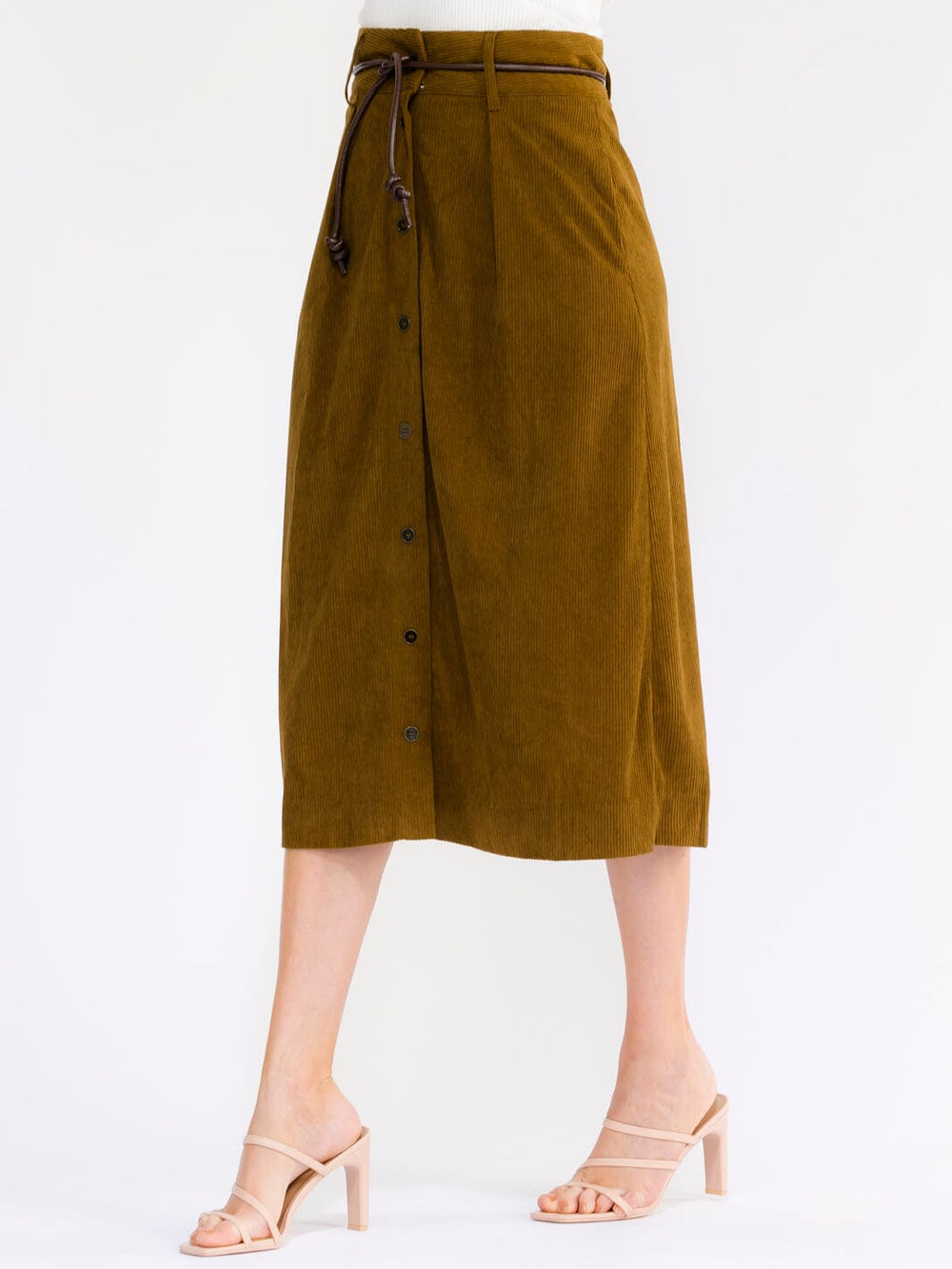 WOMEN'S BUTTON CLOSURE FRONT BELT RIBBED MIDI SKIRT