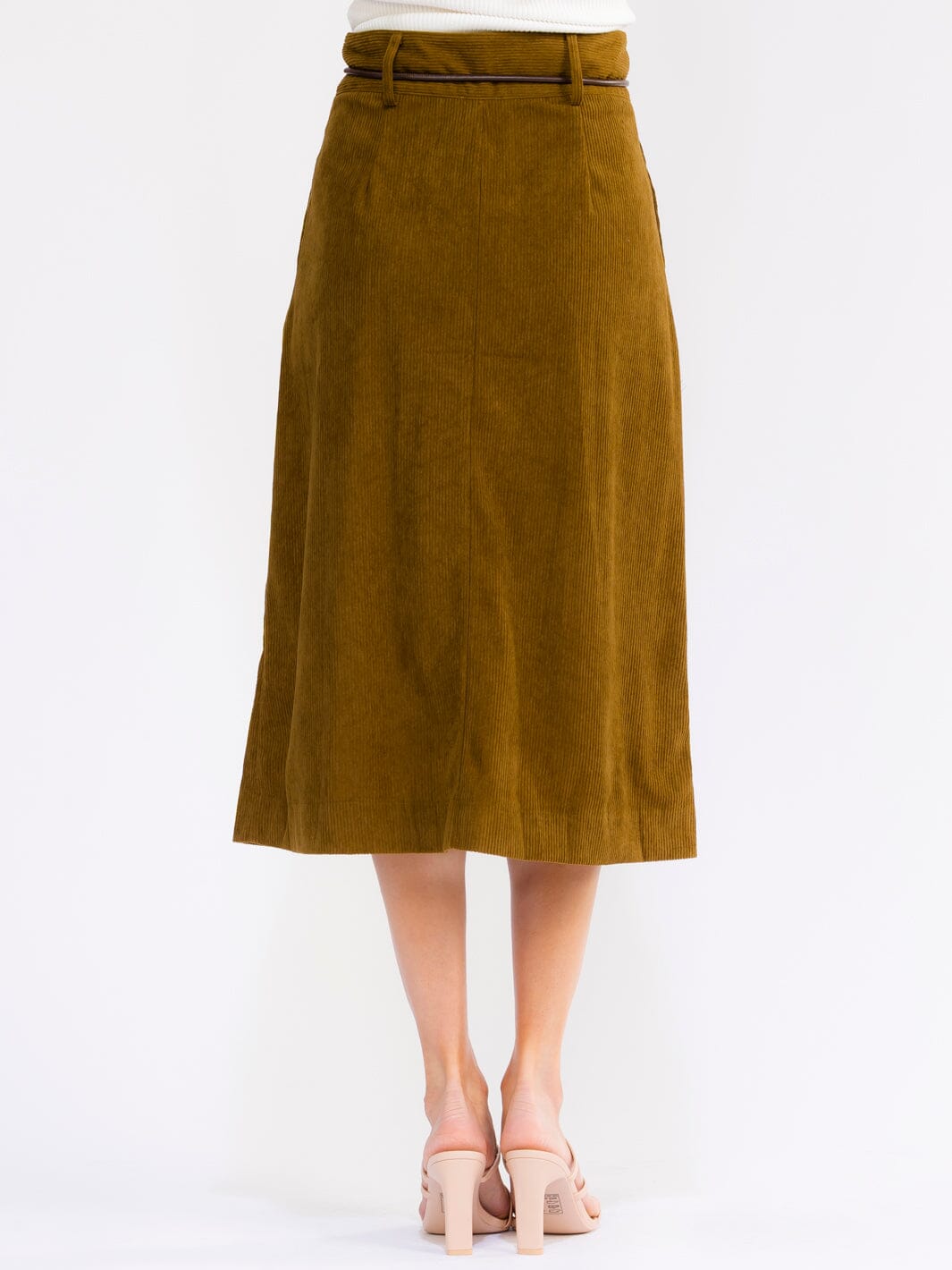 WOMEN'S BUTTON CLOSURE FRONT BELT RIBBED MIDI SKIRT