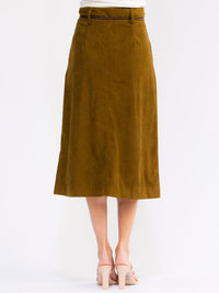 WOMEN'S BUTTON CLOSURE FRONT BELT RIBBED MIDI SKIRT