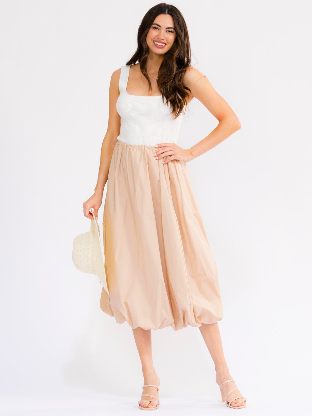 WOMEN'S ELASTIC WAIST BUBBLE MIDI SKIRT