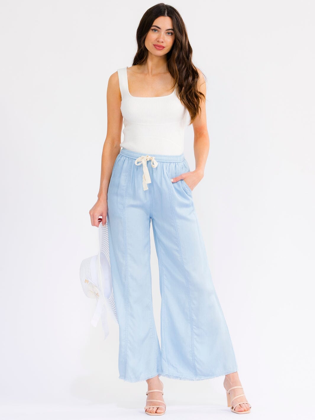 WOMEN'S ELASTIC WAIST FRONT POCKETS SELF TIE WIDE LEG CHAMBRAY PANTS