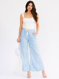 WOMEN'S ELASTIC WAIST FRONT POCKETS SELF TIE WIDE LEG CHAMBRAY PANTS