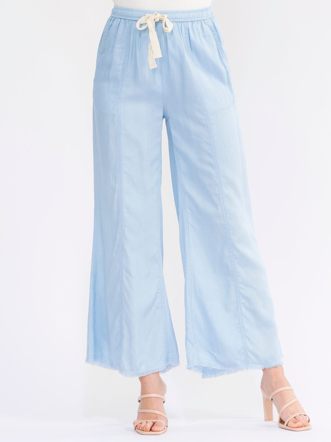 WOMEN'S ELASTIC WAIST FRONT POCKETS SELF TIE WIDE LEG CHAMBRAY PANTS