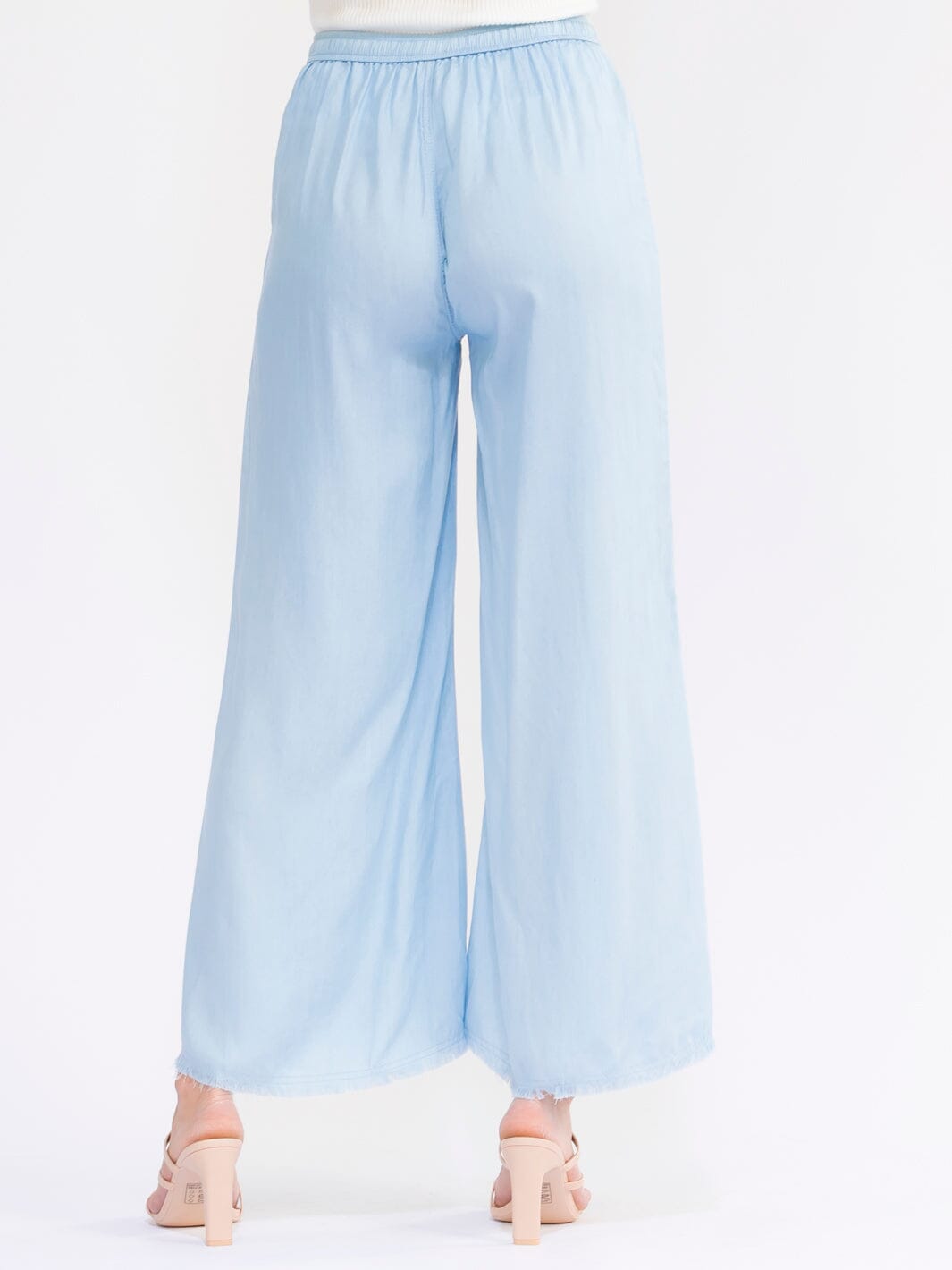 WOMEN'S ELASTIC WAIST FRONT POCKETS SELF TIE WIDE LEG CHAMBRAY PANTS