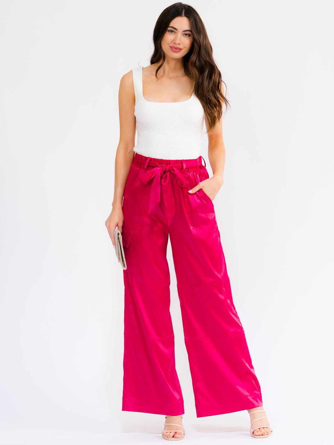 WOMEN'S ELASTIC WAIST CARGO POCKETS WIDE LEG PANTS