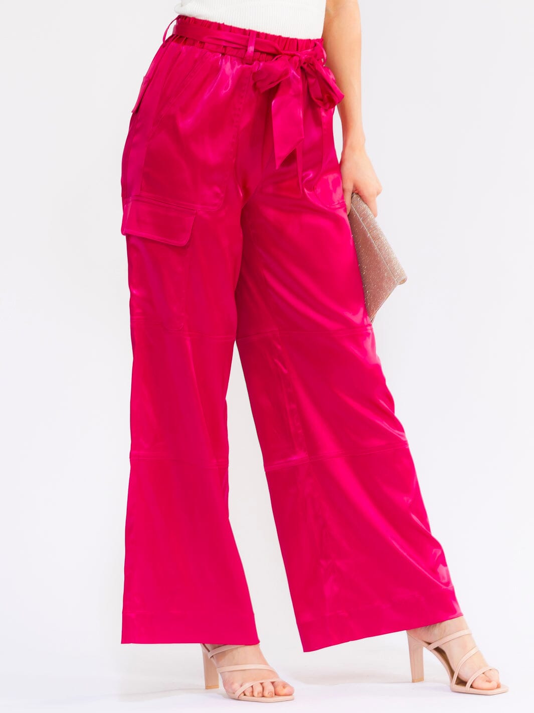 WOMEN'S ELASTIC WAIST CARGO POCKETS WIDE LEG PANTS