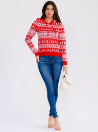 WOMEN'S LONG SLEEVE MULTI PRINT HOODED PULLOVER HOLIDAY SWEATER
