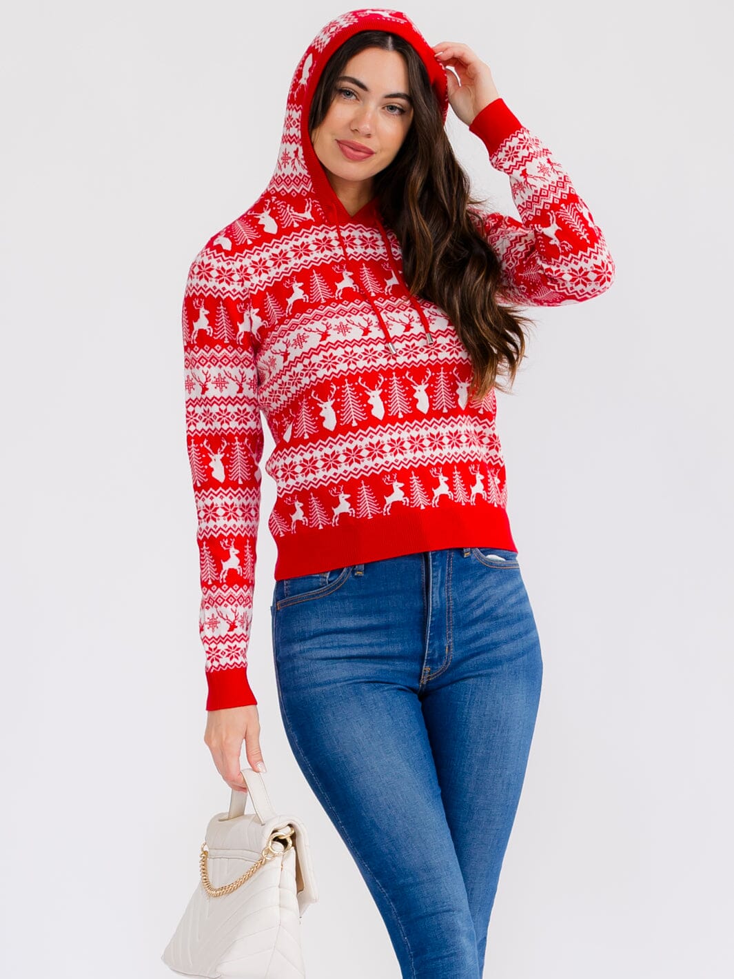 WOMEN'S LONG SLEEVE MULTI PRINT HOODED PULLOVER HOLIDAY SWEATER