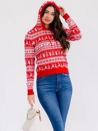 WOMEN'S LONG SLEEVE MULTI PRINT HOODED PULLOVER HOLIDAY SWEATER