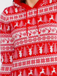 WOMEN'S LONG SLEEVE MULTI PRINT HOODED PULLOVER HOLIDAY SWEATER