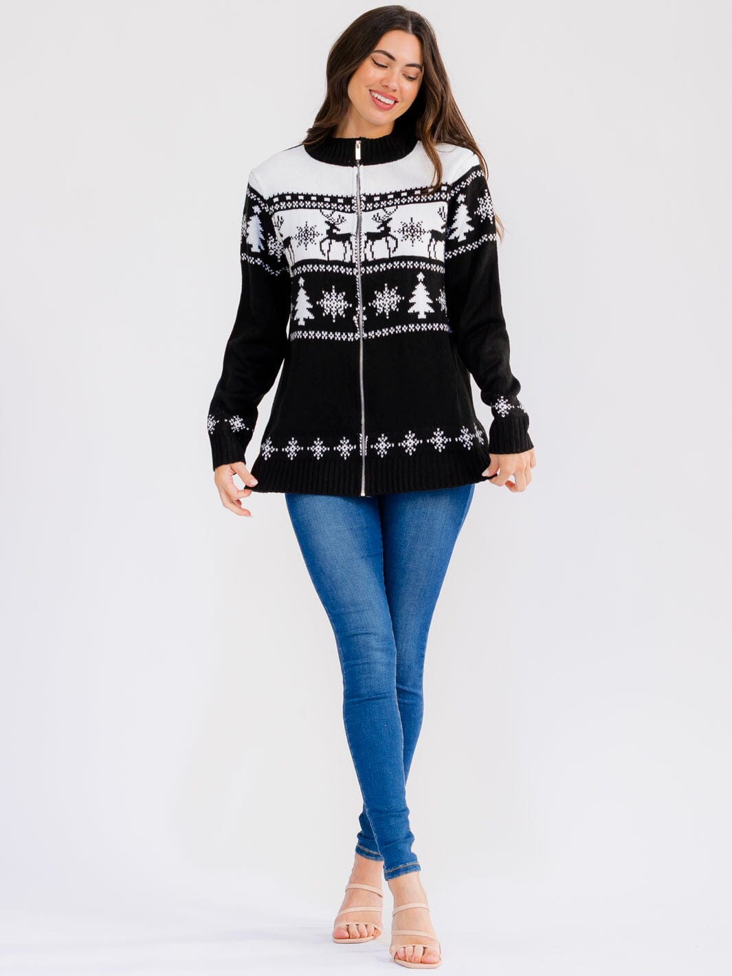 WOMEN'S LONG SLEEVE ZIPPER CLOSURE MULTI PRINT HOLIDAY SWEATER