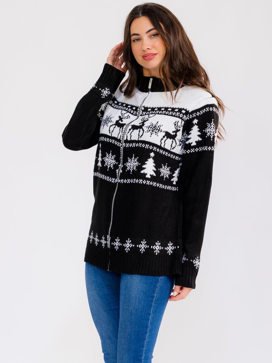 WOMEN'S LONG SLEEVE ZIPPER CLOSURE MULTI PRINT HOLIDAY SWEATER