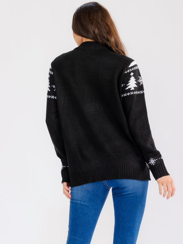 WOMEN'S LONG SLEEVE ZIPPER CLOSURE MULTI PRINT HOLIDAY SWEATER
