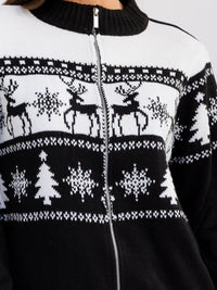 WOMEN'S LONG SLEEVE ZIPPER CLOSURE MULTI PRINT HOLIDAY SWEATER