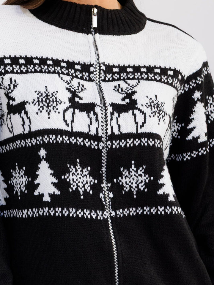 WOMEN'S LONG SLEEVE ZIPPER CLOSURE MULTI PRINT HOLIDAY SWEATER