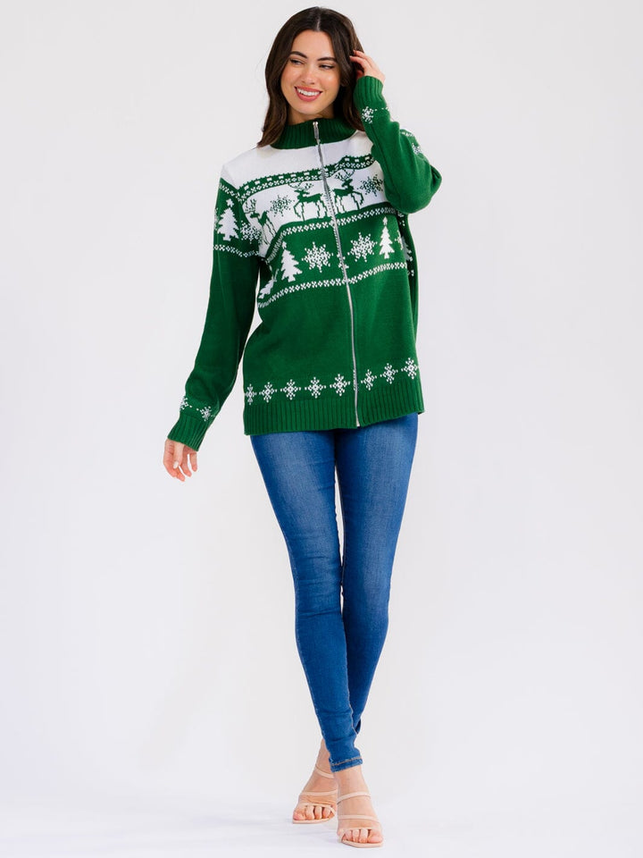 WOMEN'S LONG SLEEVE ZIPPER CLOSURE MULTI PRINT HOLIDAY SWEATER