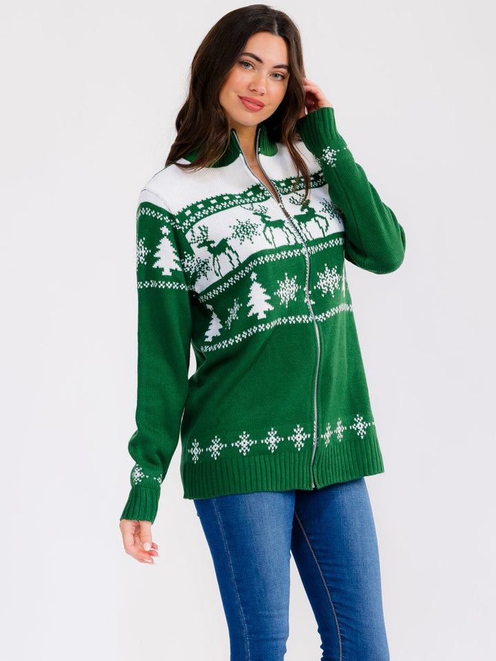 WOMEN'S LONG SLEEVE ZIPPER CLOSURE MULTI PRINT HOLIDAY SWEATER