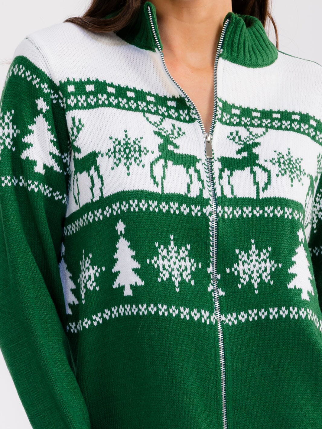 WOMEN'S LONG SLEEVE ZIPPER CLOSURE MULTI PRINT HOLIDAY SWEATER