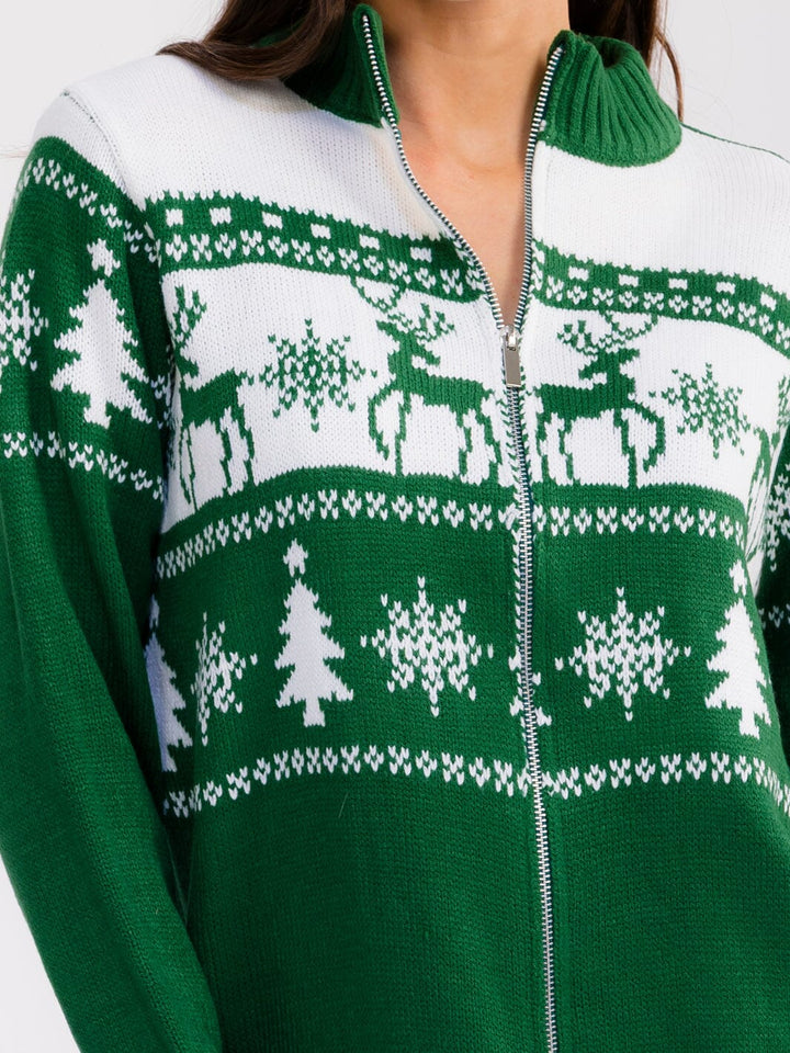 WOMEN'S LONG SLEEVE ZIPPER CLOSURE MULTI PRINT HOLIDAY SWEATER