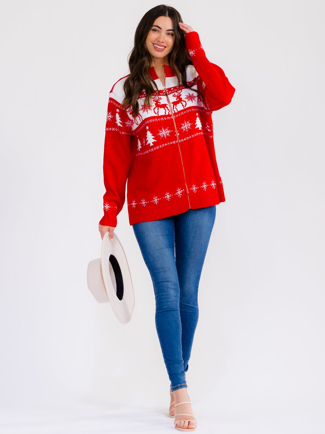 WOMEN'S LONG SLEEVE ZIPPER CLOSURE MULTI PRINT HOLIDAY SWEATER