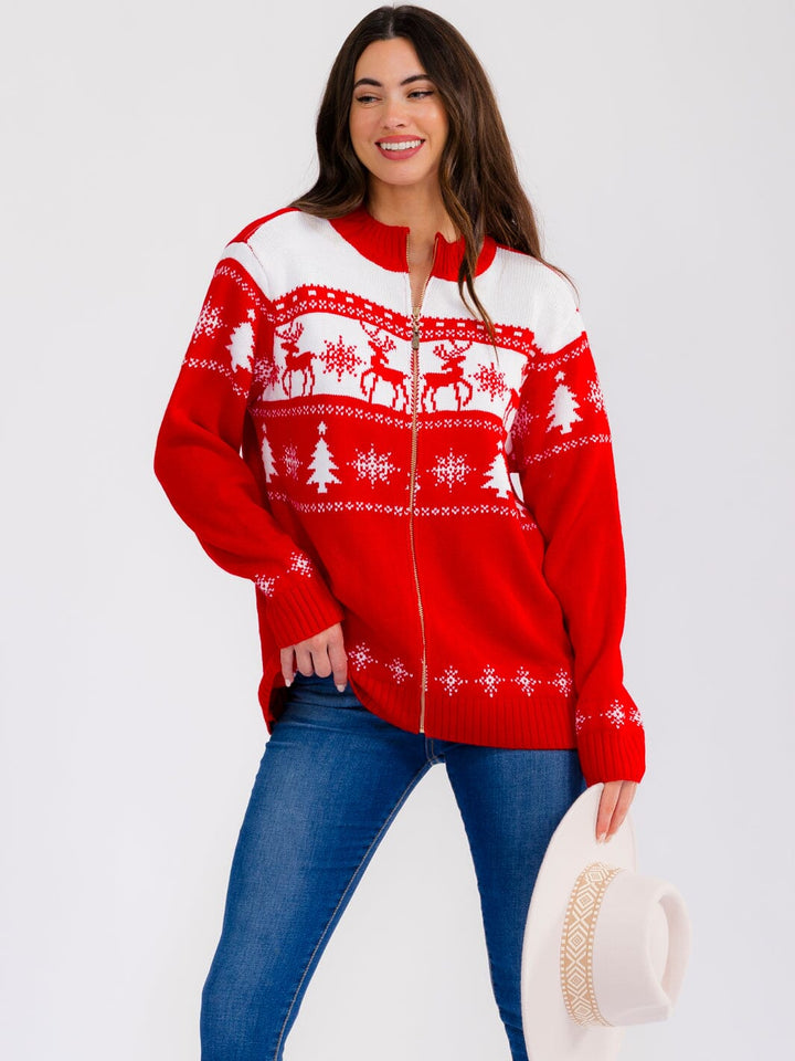 WOMEN'S LONG SLEEVE ZIPPER CLOSURE MULTI PRINT HOLIDAY SWEATER