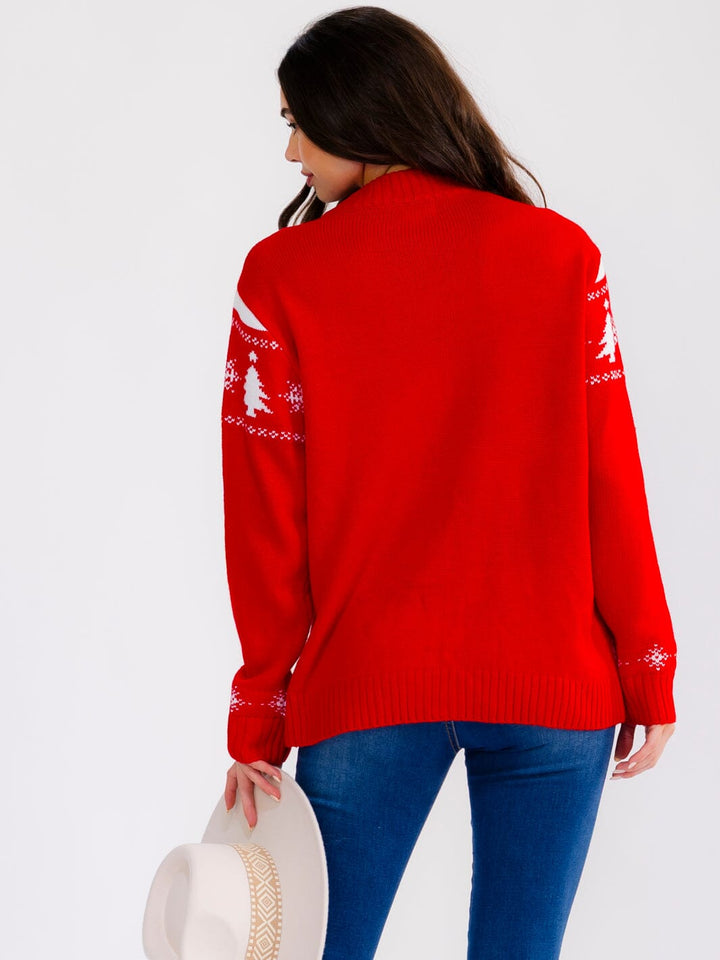 WOMEN'S LONG SLEEVE ZIPPER CLOSURE MULTI PRINT HOLIDAY SWEATER
