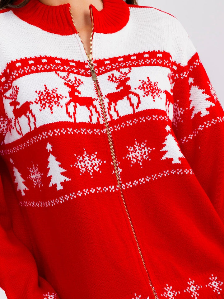 WOMEN'S LONG SLEEVE ZIPPER CLOSURE MULTI PRINT HOLIDAY SWEATER