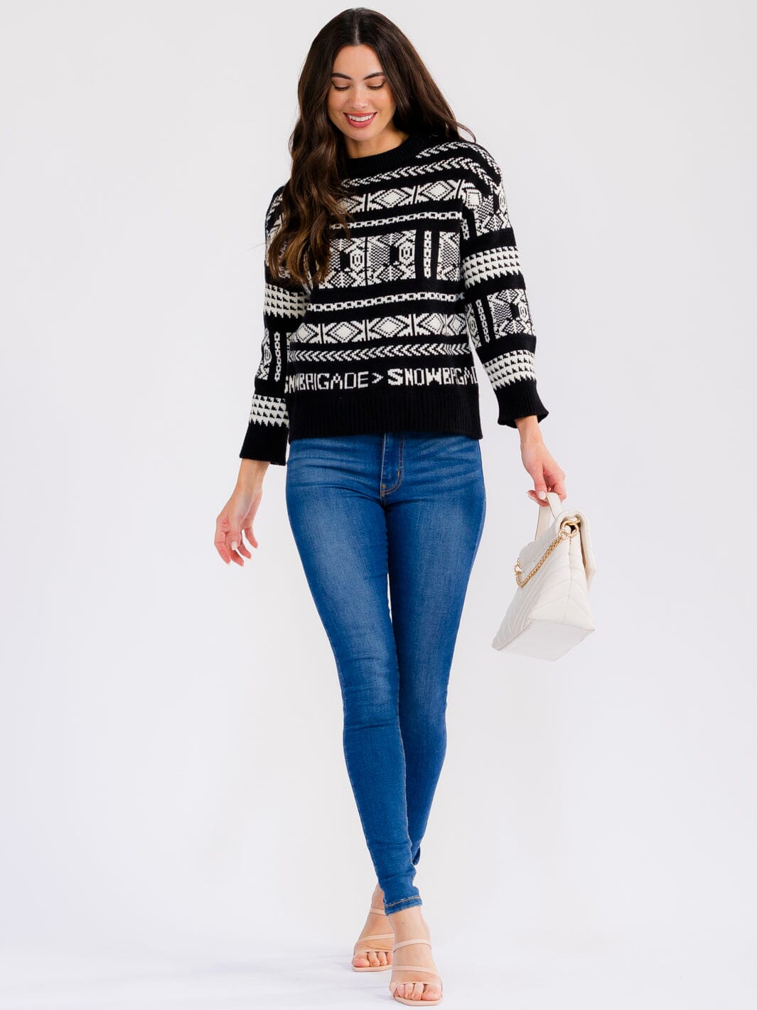 WOMEN'S LONG SLEEVE MULTI PRINT PULLOVER HOLIDAY SWEATER