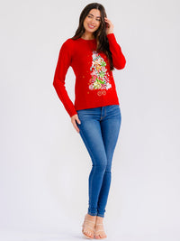 WOMEN'S LONG SLEEVE SEQUINS GRAPHIC PULLOVER HOLIDAY SWEATER