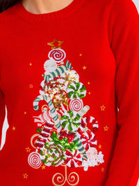 WOMEN'S LONG SLEEVE SEQUINS GRAPHIC PULLOVER HOLIDAY SWEATER