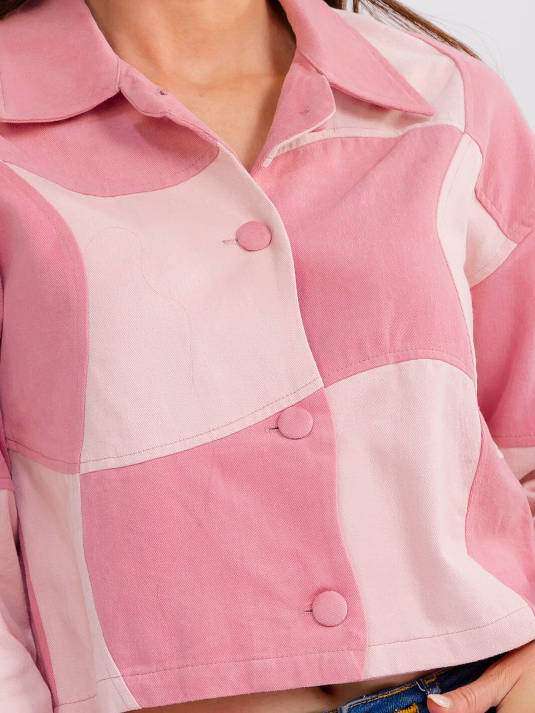 WOMEN'S LONG SLEEVE BUTTON CLOSURE COLORBLOCK DENIM JACKET