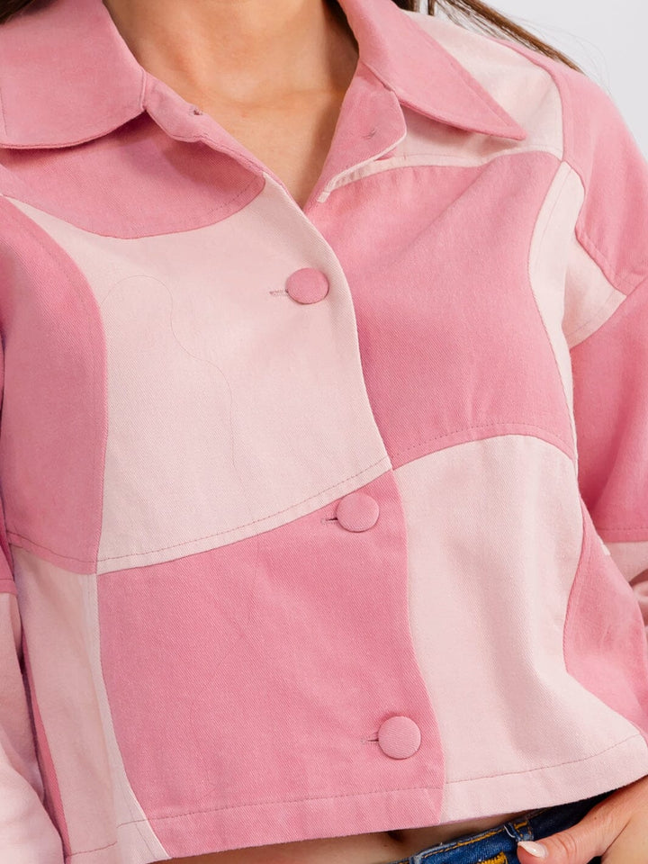 WOMEN'S LONG SLEEVE BUTTON CLOSURE COLORBLOCK DENIM JACKET