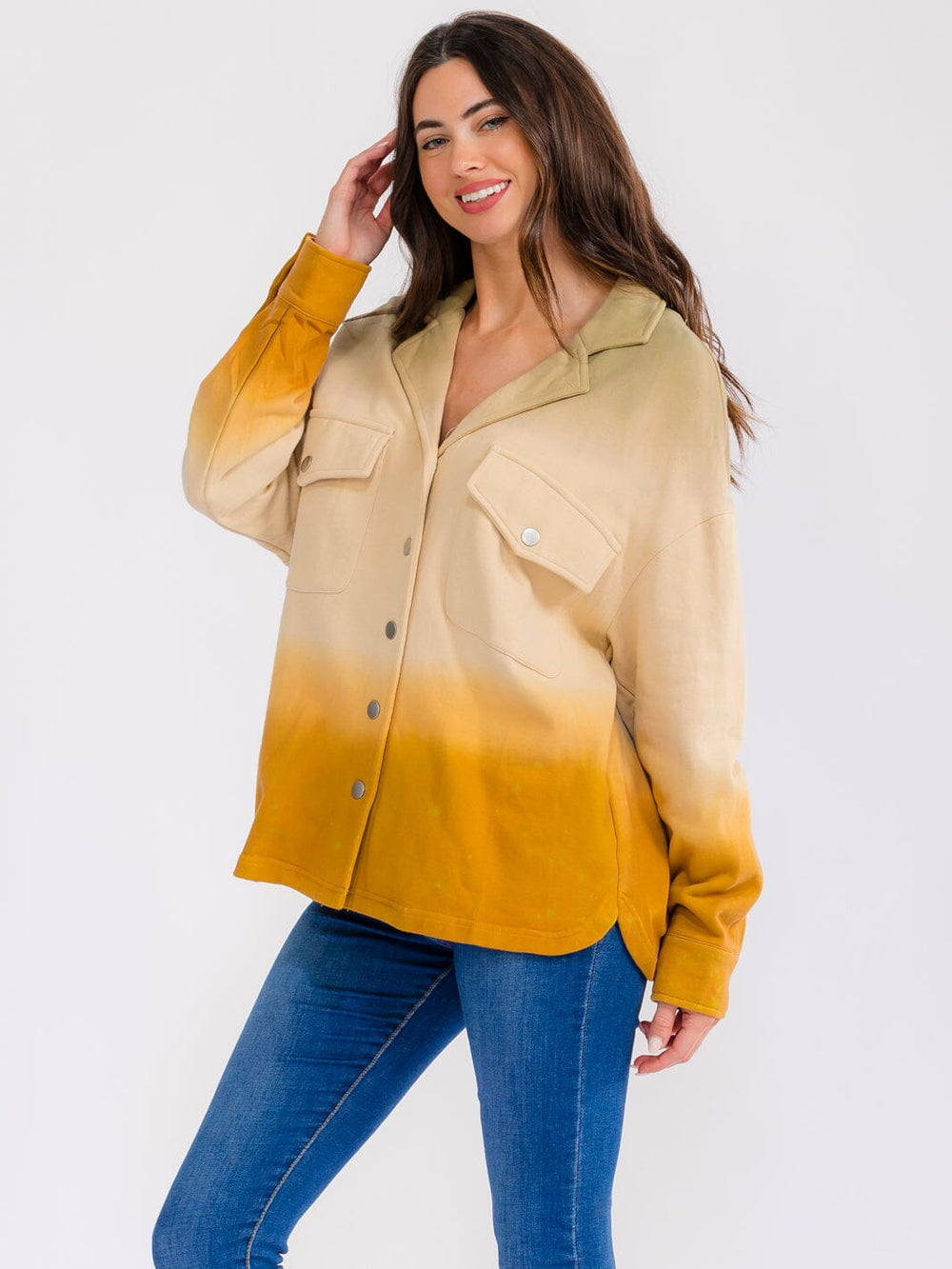 WOMEN'S LONG SLEEVE BUTTON CLOSURE FRONT POCKETS COLORBLOCK OMBRE JACKET