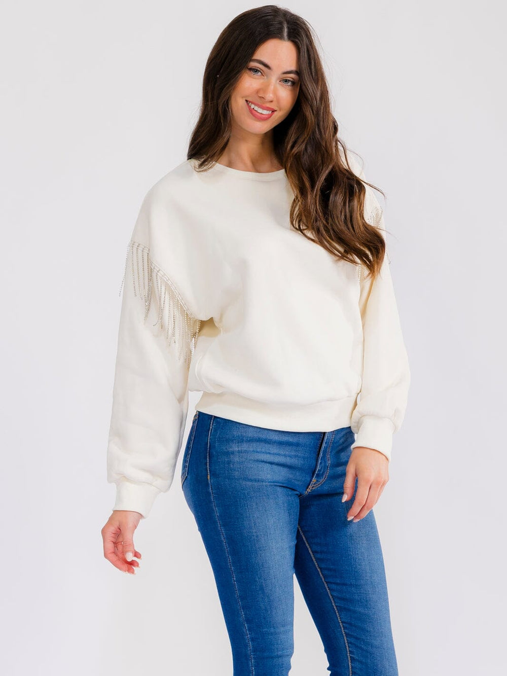 WOMEN'S LONG SLEEVE FRINGE RHINESTONES DETAILED PULLOVER SWEATER