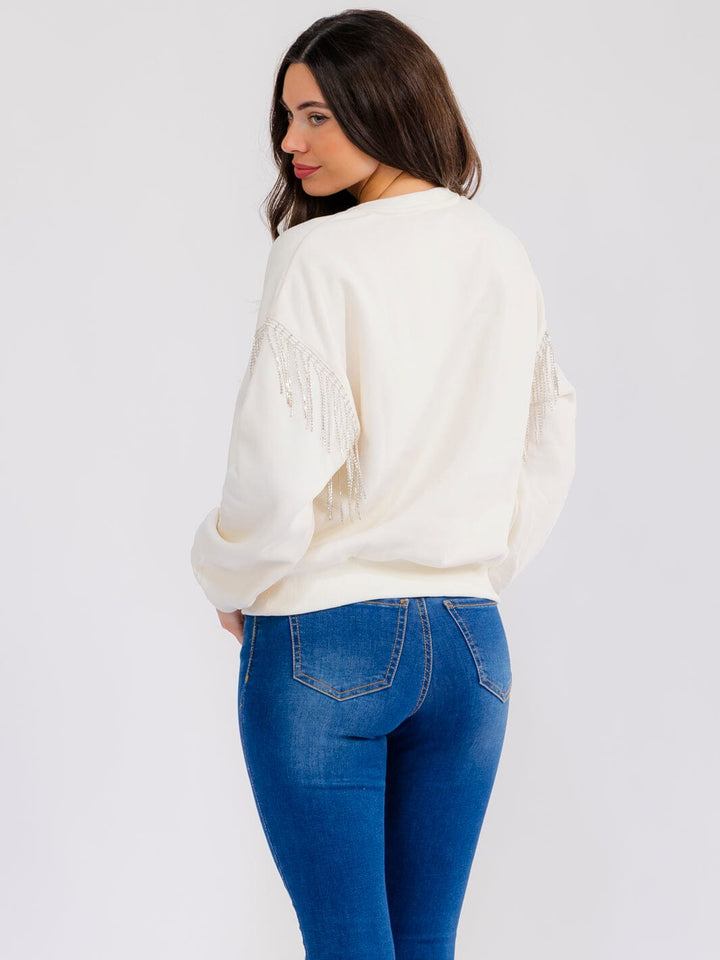 WOMEN'S LONG SLEEVE FRINGE RHINESTONES DETAILED PULLOVER SWEATER