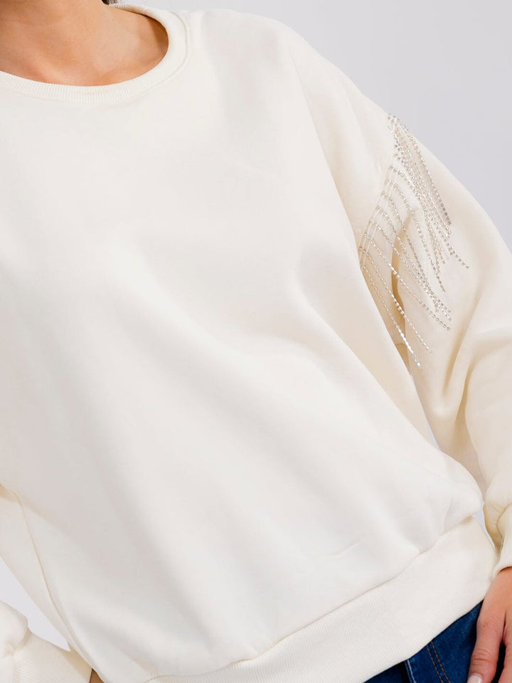 WOMEN'S LONG SLEEVE FRINGE RHINESTONES DETAILED PULLOVER SWEATER