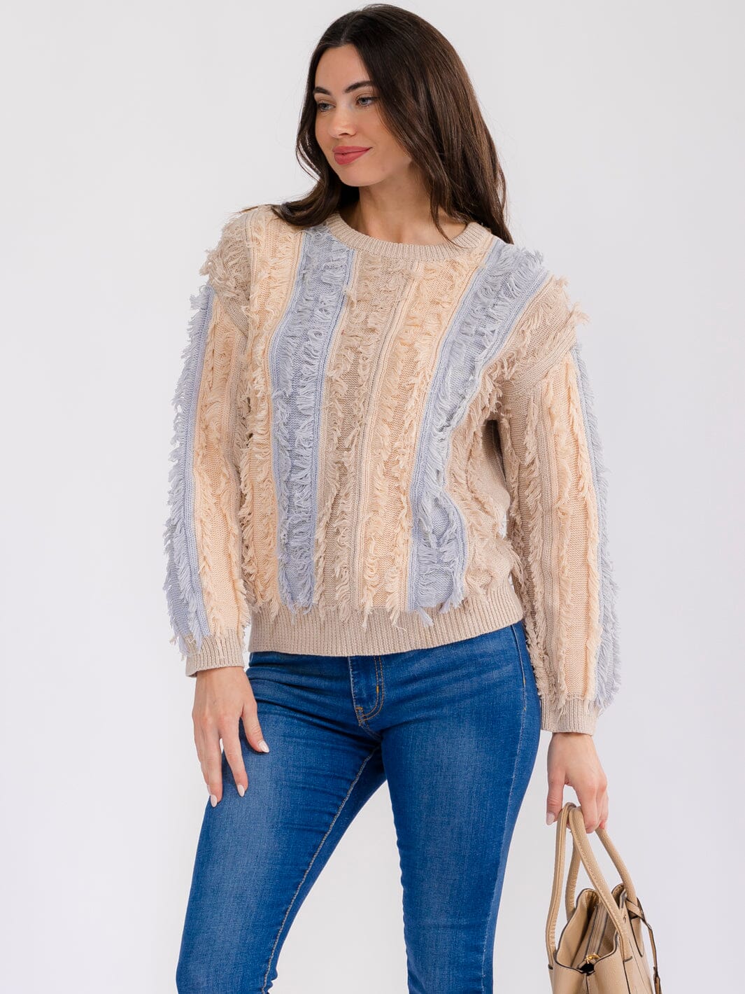 WOMEN'S LONG SLEEVE COLORBLOCK DETAILED PULLOVER SWEATER