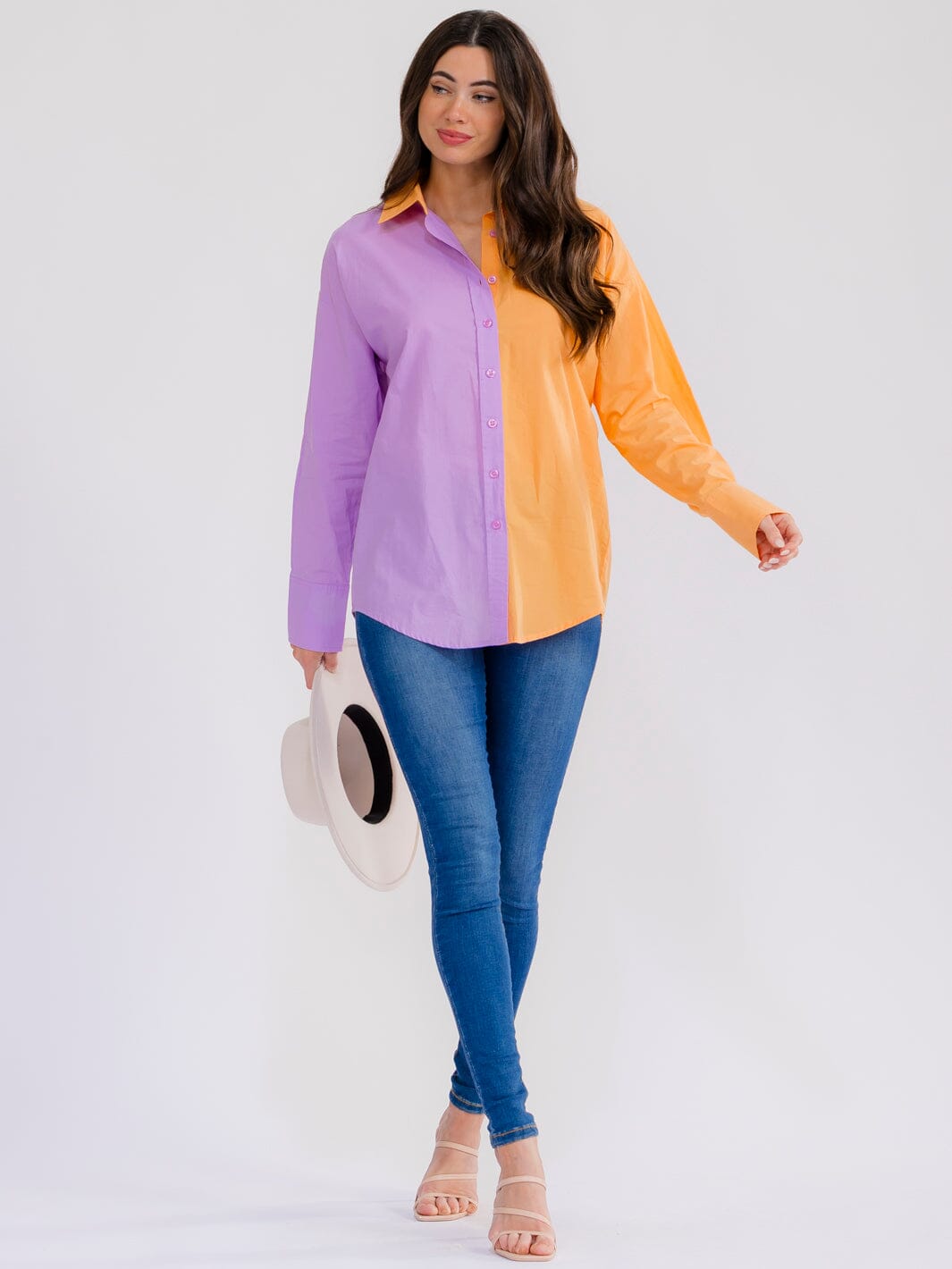 WOMEN'S LONG SLEEVE BUTTON UP HIGH-LOW COLORBLOCK BLOUSE