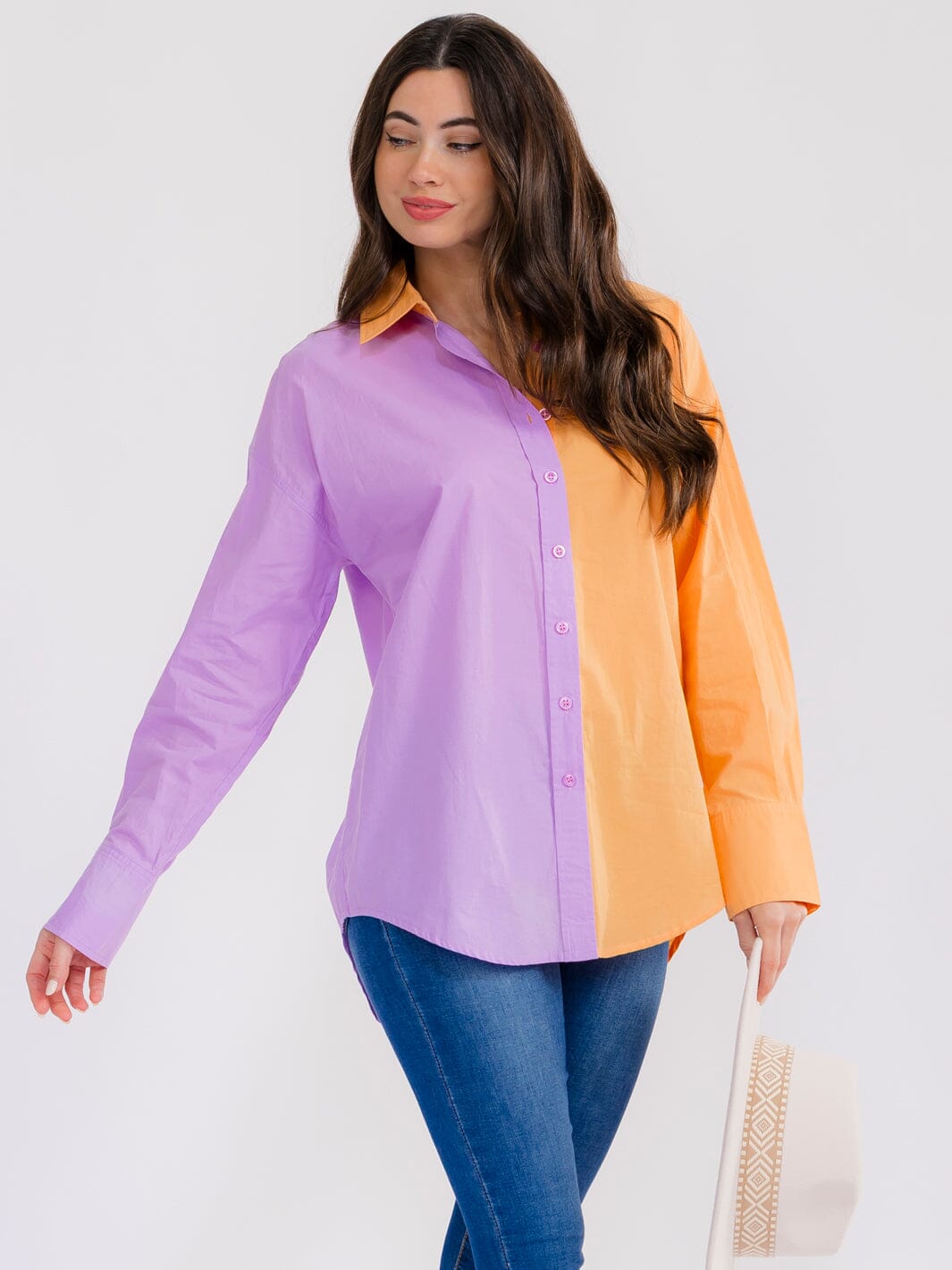 WOMEN'S LONG SLEEVE BUTTON UP HIGH-LOW COLORBLOCK BLOUSE