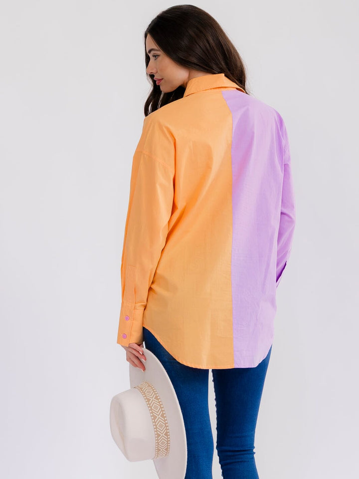 WOMEN'S LONG SLEEVE BUTTON UP HIGH-LOW COLORBLOCK BLOUSE