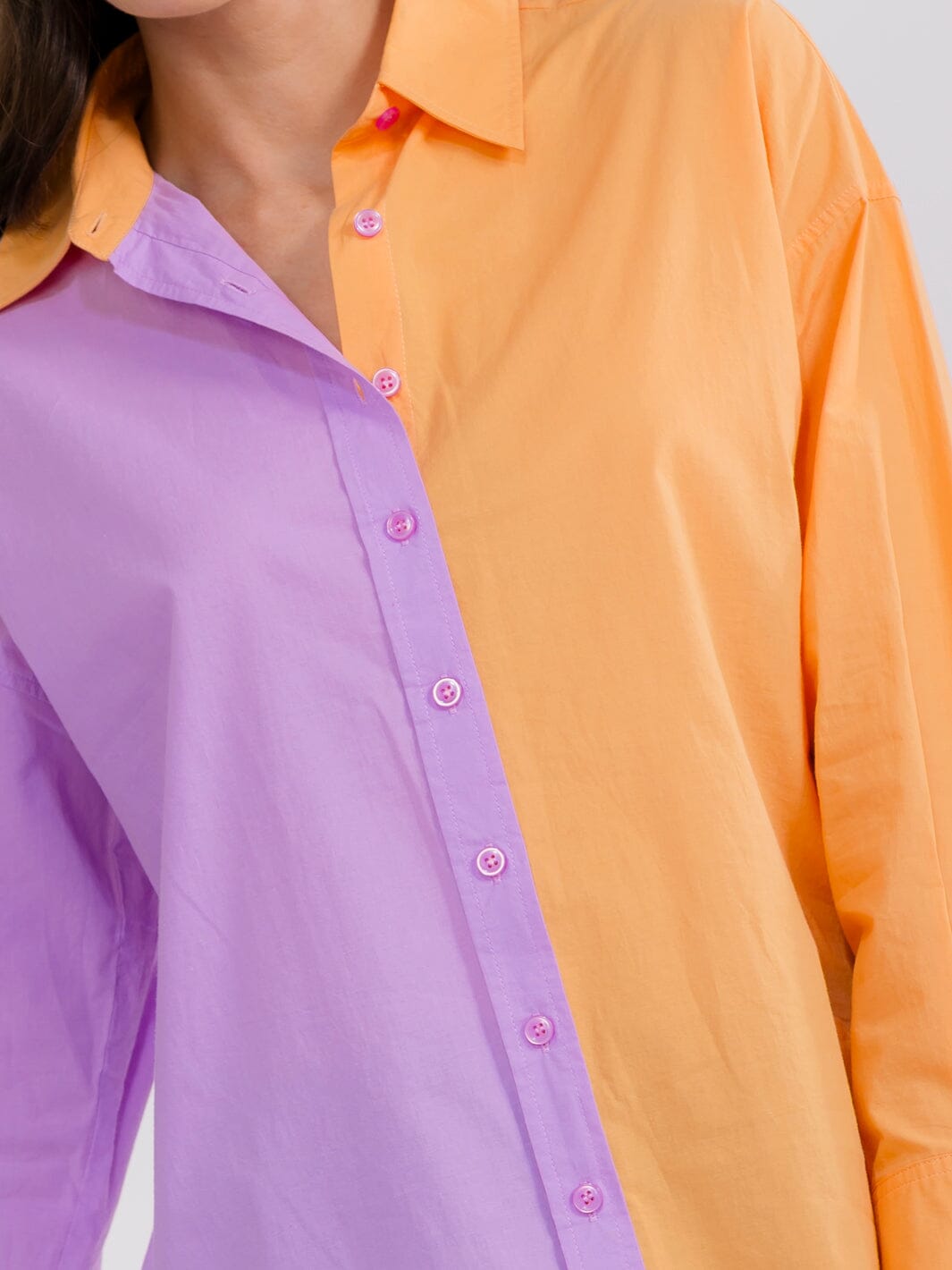 WOMEN'S LONG SLEEVE BUTTON UP HIGH-LOW COLORBLOCK BLOUSE