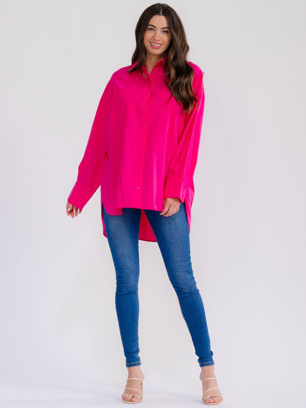 WOMEN'S LONG SLEEVE BUTTON UP HIGH-LOW OVERSIZED SHIRT