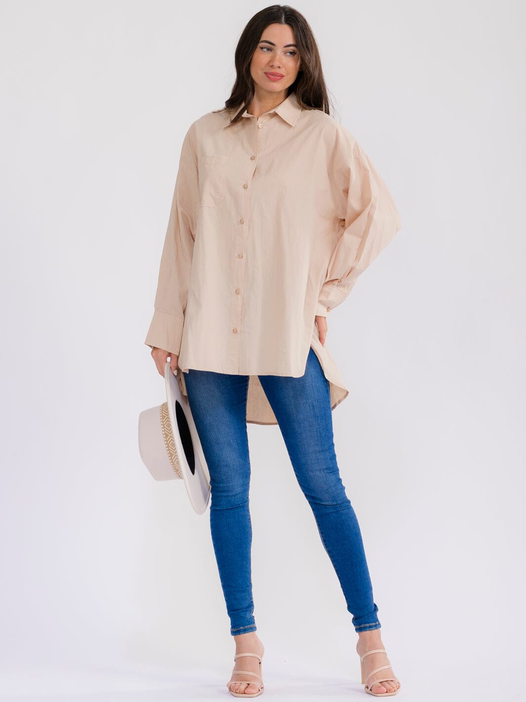 WOMEN'S LONG SLEEVE BUTTON UP HIGH-LOW OVERSIZED SHIRT