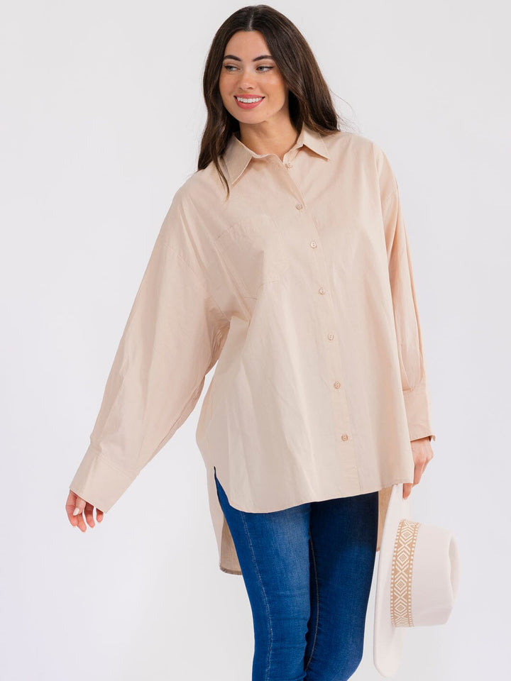 WOMEN'S LONG SLEEVE BUTTON UP HIGH-LOW OVERSIZED SHIRT