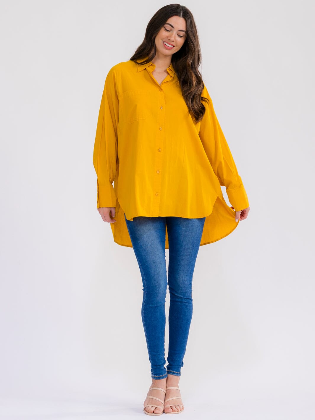 WOMEN'S LONG SLEEVE BUTTON UP HIGH-LOW OVERSIZED SHIRT