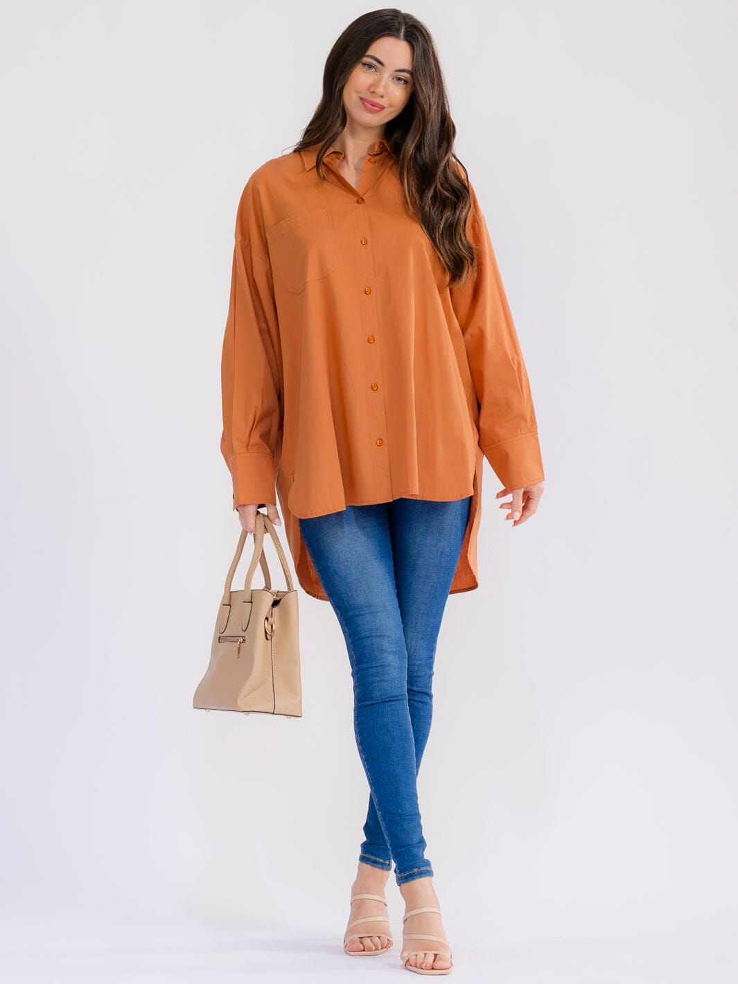 WOMEN'S LONG SLEEVE BUTTON UP HIGH-LOW OVERSIZED SHIRT
